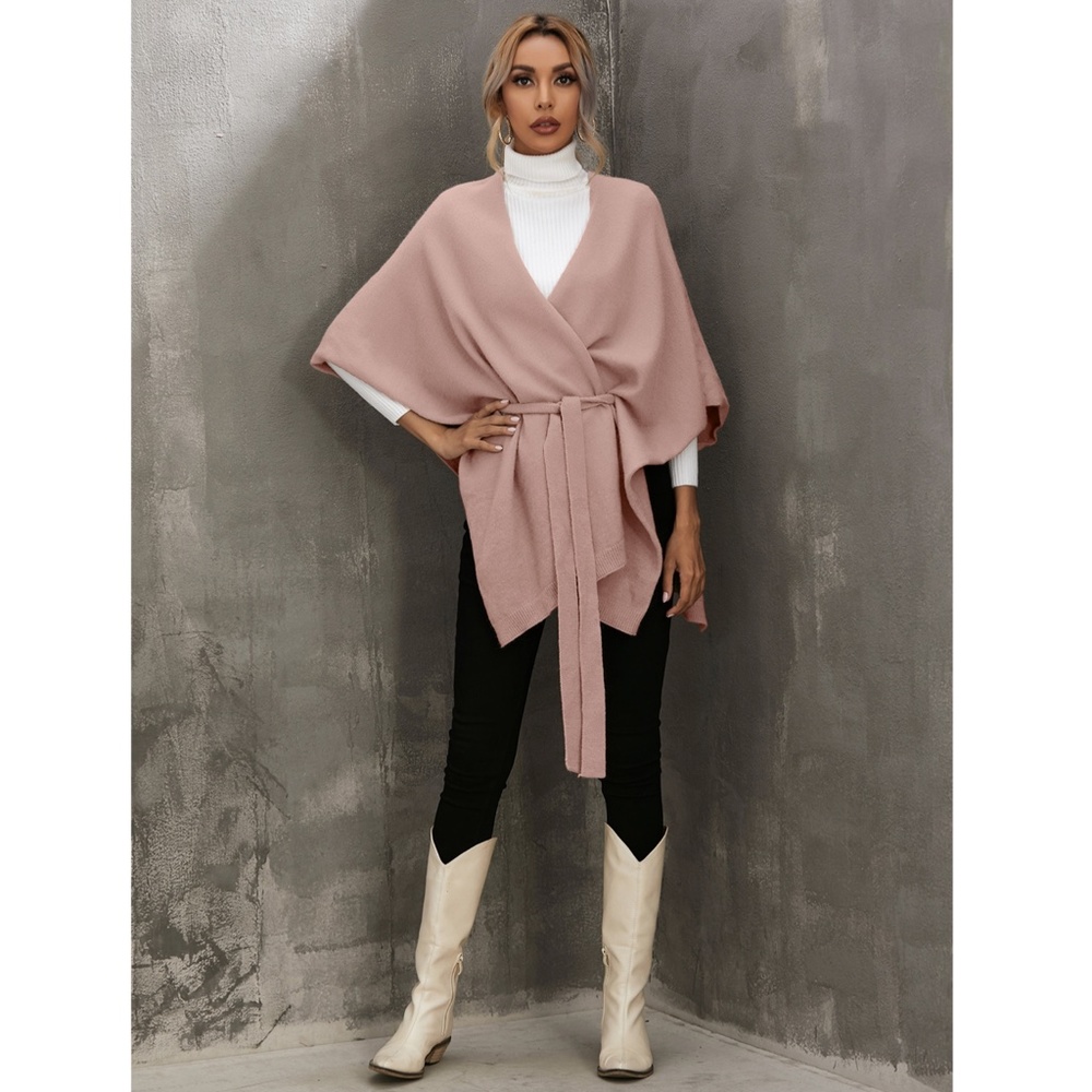 Knitted Cape Belted in Pink - Picture 3 of 10